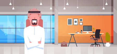 Arabic Business Man In Modern Office Wearing Traditional Clothes Arab Businessman Worker Flat Vector Illustrationのイラスト素材