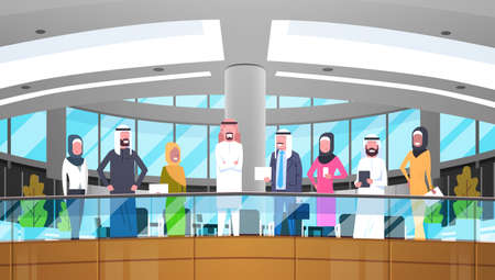 Group Of Arabic Business People In Modern Office Wearing Traditional Clothes Arab Businessman And Businesswoman Employees Workers Flat Vector Illustrationのイラスト素材