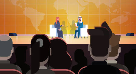 Two Arab Business Men Or Politicians On Coference Or Debate Meeting Interview Talking Sit Over World...