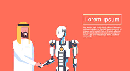 Man and robot handshake, Arab businessman shaking hands with modern robotic. Artificial intelligence concept, Flat vector illustration.のイラスト素材