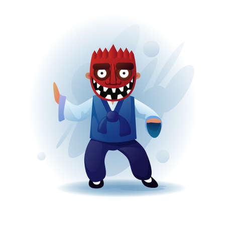 Man Wearing Traditional Asian Clothes Kimono And Tribal mask Dancing Asia Tradition Performance Flat Vector Illustrationのイラスト素材