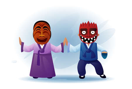 Man And Woman Wearing Traditional Asian Clothes Kimono And Tribal mask Dancing Asia Tradition Performance Flat Vector Illustrationのイラスト素材