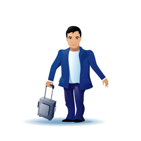Asian Business Man Cartoon Character Run Holding Luggage Suitcase Isolated Over White Background Flat Vector Illustrationのイラスト素材