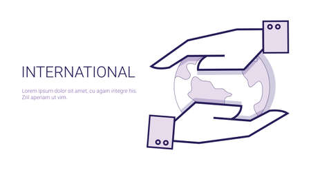 Hands Holding Earth Globe International Concept Template Web Banner With Copy Space Vector Illustrationのイラスト素材