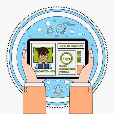 Hand Holding Digital Tablet Scanning Male User Face Recognition And Identification System Biometrical Identification Concept Vector Illustrationのイラスト素材