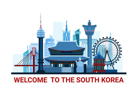 Welcome To The South Korea Poster With Famous National Landmarks Silhouette Isolated On White Background Flat Vector Illustrationのイラスト素材