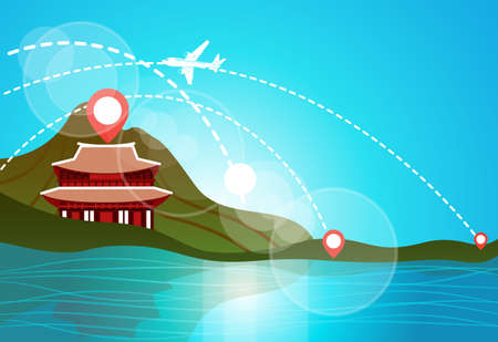 South Korea travel landmark landscape, beautiful temple in mountains on lake or river view, Asian travel destinations concept flat vector illustration.のイラスト素材