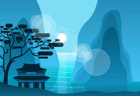 Asian Temple In Mountains In Night On Background Silhouette Pagoda Landscape Flat Vector Illustrationのイラスト素材