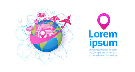 Welcome To South Korea World Globe With Pagoda Landmark Travel And Vacation Destination Concept Flat Vector Illustration.のイラスト素材