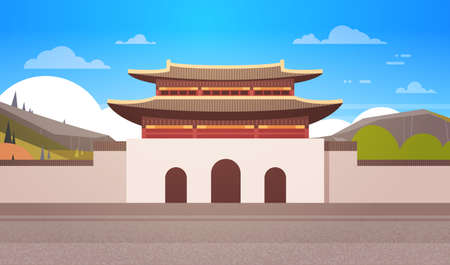 Korea Temple Landscape South Korean Palace Over Mountains Famous Asian Landmark View Flat Vector Illustrationのイラスト素材