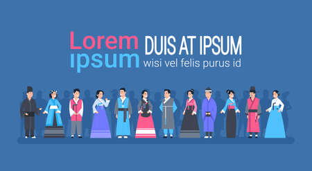 Group Of Asian People In Traditional Clothes Women And Men Dressed In Ancient Costumes Flat Vector Illustrationのイラスト素材