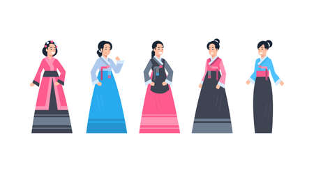 Korea Traditional Clothes Set Of Women Wearing Ancient Korean Dress Isolated Asian Costume Concept Flat Vector Illustrationのイラスト素材