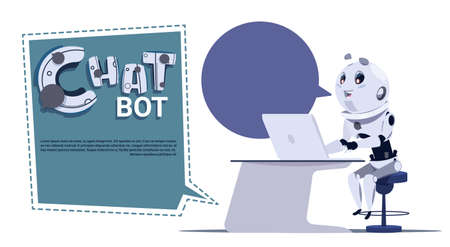 Chat Bot Cute Robot Use Laptop Computer Template Banner With Copy Space, Chatter Or Chatterbot Virtual Technical Support Service Concept Flat Vector Illustrationのイラスト素材