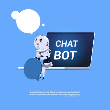 Chat Bot App Of Technical Support In Laptop Template Banner With Copy Space, Chatter Or Chatterbot Virtual Web Service Concept Flat Vector Illustrationのイラスト素材