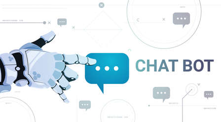 Chatter Service App Concept Robot Hand Touch Chat Bubble Template Banner With Copy Space, Chatterbot Technical Support Technology Concept Flat Vector Illustrationのイラスト素材