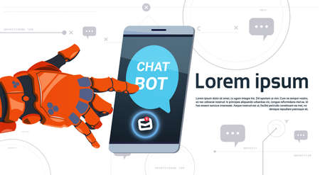 Chat Bot Service App Concept Robot Hand Touch Smart Phone Template Banner With Copy Space,...