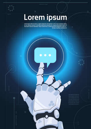 Robotic Hand Touch Chat Bubble Icon Robots Communication And Artificial Intelligence Concept Flat Vector Illustrationのイラスト素材