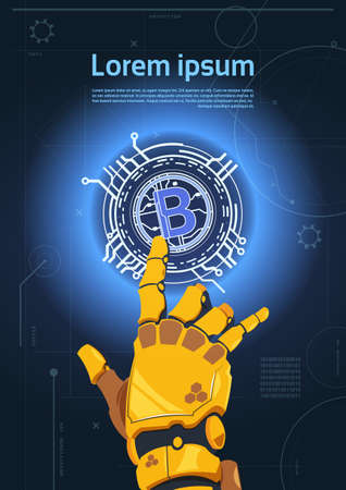 Bitcoins Crypto Currency Concept Robot Hand Touching Bit Coin Digital Web Money Mining Technology Flat Vector Illustrationのイラスト素材