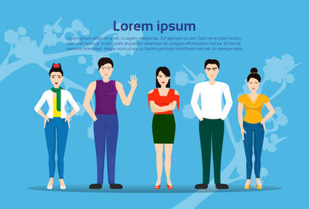 Group Of Young Korean People Standing Over Natural Background Asian Men And Women Flat Vector Illustrationのイラスト素材
