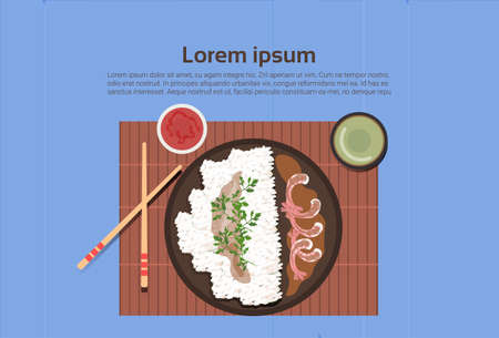 Korean Food Plate With Rice And Spicy Sauces Asian Thai Dishes Top Angle View Template Background Flat Vector Illustrationのイラスト素材