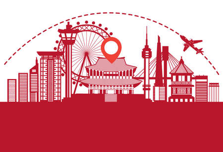 South Korea Skyline Silhouette Poster With Famous National Landmarks Isolated On White Background Flat Vector Illustrationのイラスト素材