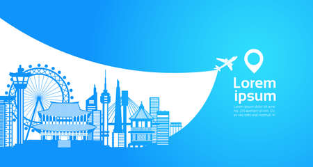 South Korea Tourism Silhouette Famous Seoul Landmarks On Blue Background With Copy Space Travel Destination Concept Flat Vector Illustration.のイラスト素材