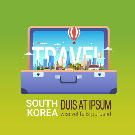 Tourism And Vacation Concept Travel South Korea Poster With Seoul City Landscape In Suitcase Skyline View Template Banner Vector Illustrationのイラスト素材