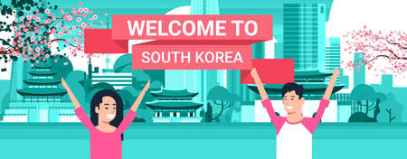 Welcome To South Korea Poster Korean Couple Over Seoul City Background With Skyscrapers And Landmarks Vector Illustrationのイラスト素材