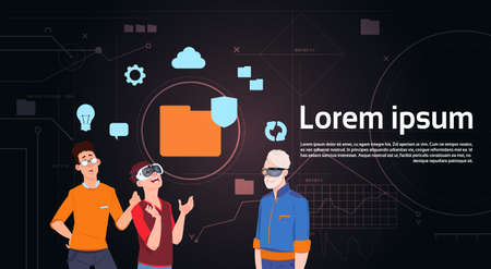 Men Group Wearing Vr Headset Glasses Over Digital File Folder Business Icons Virtual Reality Concept Flat Vector Illustrationのイラスト素材