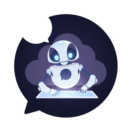 Chatbot Robot Icon Chatter Bot Answer Users Questions Using Digital Tablet Virtual Assistance Concept Flat Vector Illustrationのイラスト素材