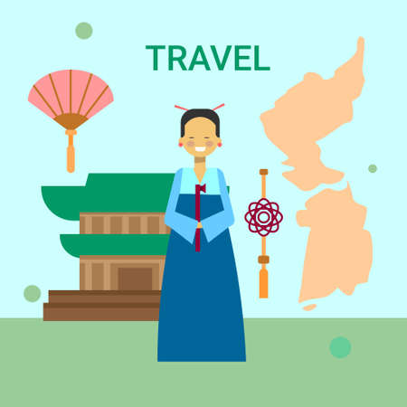 Woman In Traditional Korean Clothes Over Korea Map And Temple Or Palace Building Background Vector Illustrationのイラスト素材