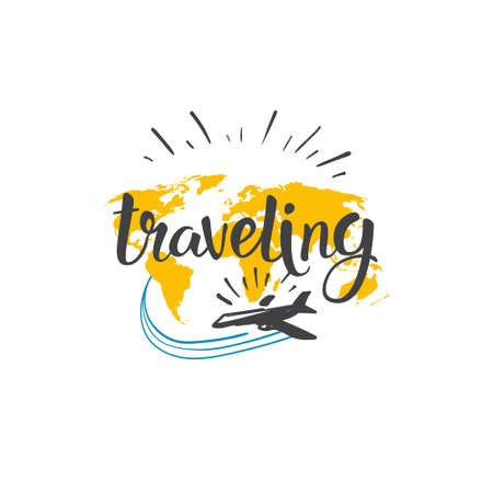Traveling Icon World Tour Hand Drawn Lettering Tourism Adventure Concept Vector Illustrationのイラスト素材