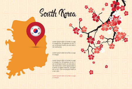 South Korea Map Korean Flag Pointer Beautiful Blossom Of Sakura Branch Decoration Template Banner With Copy Space Vector Illustrationのイラスト素材