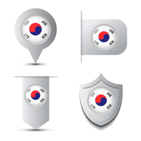 Set of Stickers AndMap Pointer With South Korea Flag And Shadow Isolated On White Background Vector Illustration.のイラスト素材