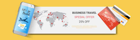 Business travel special offer poster of tourism company template horizontal banner agency seasonal sale flyer design vector illustration.のイラスト素材