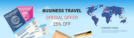 Business Travel Special Offer Template Horizontal Banner, Tourism Agency Seasonal Sale Poster Design Vector Illustrationのイラスト素材