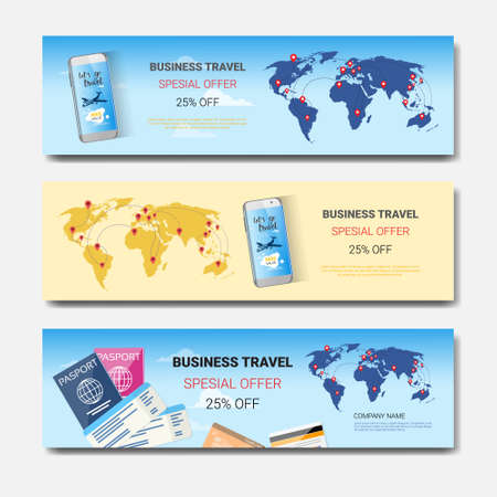 Business Travel Special Offer Set Of Template Horizontal Banners, Tourism Agency Seasonal Sale Posters Design Vector Illustrationのイラスト素材