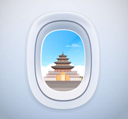 Traditional Korean Palace Landmark View Through Airplane Window Travel To South Korea Tourism And Vacation Concept Vector Illustration.のイラスト素材