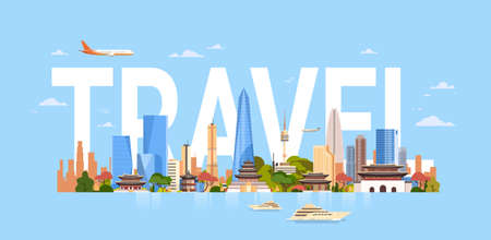 Travel To South Korea Seoul City Background With Skyscrapers And Landmarks Symbols Modern Korean Cityscape Vector Illustration.のイラスト素材