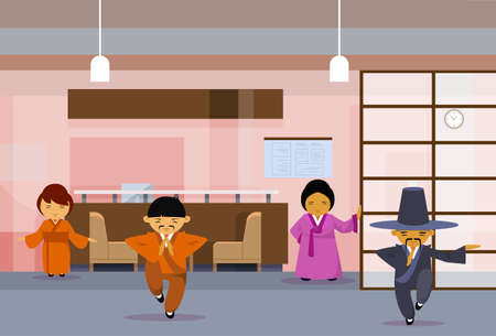 Group Of Asian Business People Wearing Traditional Clothes In Modern Office, Korean Businesspeople Employees Human Resources Flat Vector Illustrationのイラスト素材