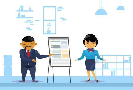 Asian Business Man And Woman Holding Presentation, Finance Report On Flip Chart, Korean Businesspeople Training Conference Flat Vector Illustrationのイラスト素材