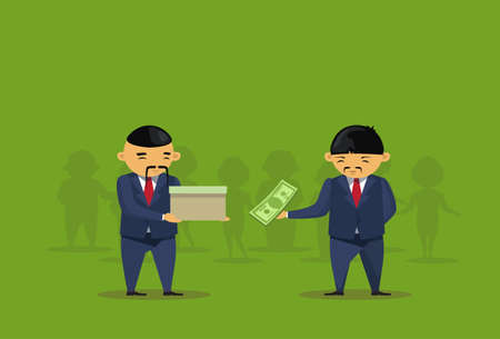 Two Asian Business Men Put Dollar In Box Donation Charity, Taxes Or Savings Concept Flat Vector Illustrationのイラスト素材