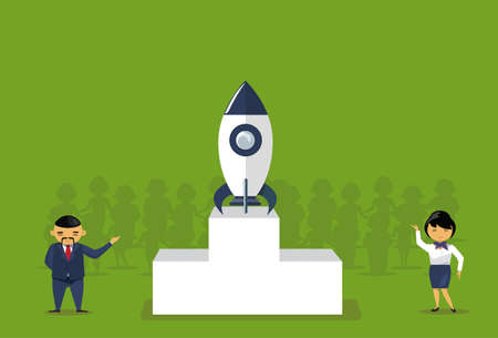 Asian Business People Launching New Startup Project Space Rocket Start Up Flat Vector Illustrationのイラスト素材