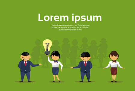 Group Of Asian Business People With Light Bulb New Idea Concept Creative Chinese Businesspeople Team Flat Vector Illustrationのイラスト素材