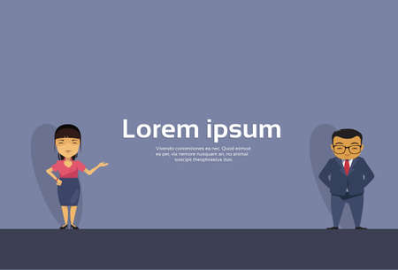 Cartoon Asian Business Man And Woman Hand Gesture To Copy Space Presenting Or Showing Flat Vector Illustrationのイラスト素材