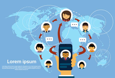 Hand Hold Smart Phone Social Media And Network Communication Icons World Map Background Flat Vector Illustrationのイラスト素材
