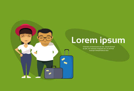 Asian Couple Of Travelers Or Tourists Standing With Baggage Copy Space Background Flat Vector Illustrationのイラスト素材