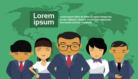 Group Of Asian Business People Over World Map Background Wearing Suits Chinese Businesspeople Employees Team Flat Vector Illustrationのイラスト素材