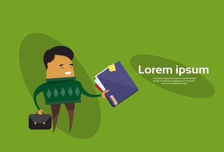 Asian Business Man Leader Hold Folder With Document Contract Paper On Green Background With Copy Space Flat Vector Illustrationのイラスト素材
