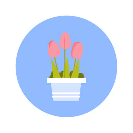 Tulips Bouqet Icon On Blue Round Background Isolated Vector Illustrationのイラスト素材